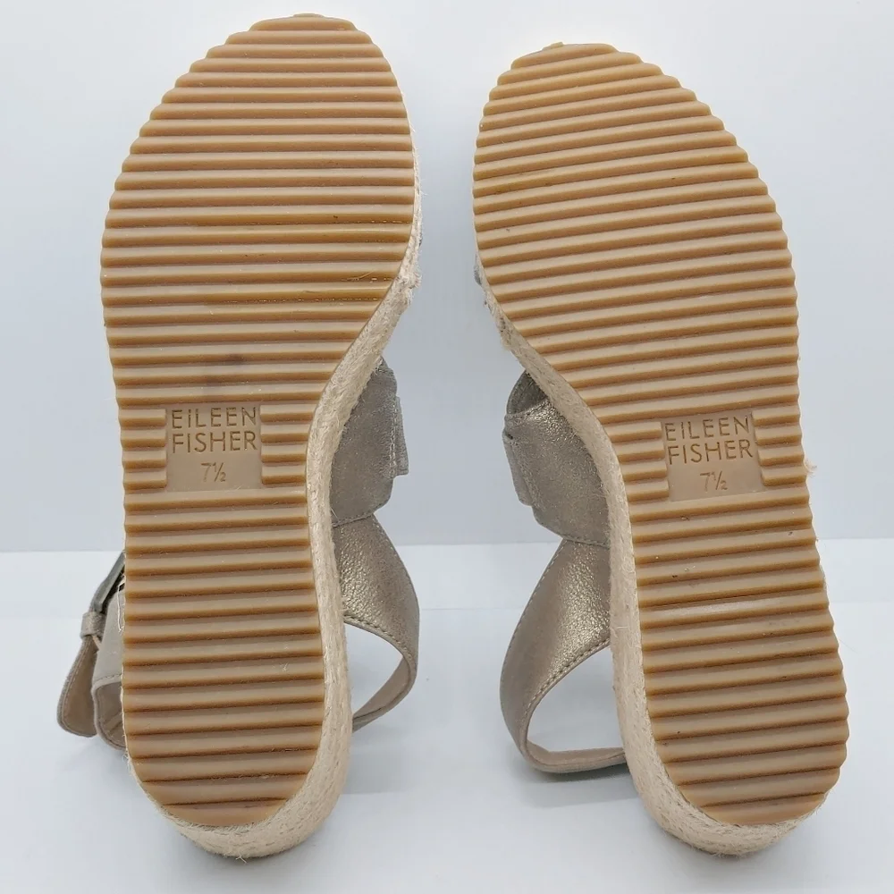 Eileen Fisher Beckon Metallic Suede Espadrille Wedge Sz 7.5 Asymmetrically Strap